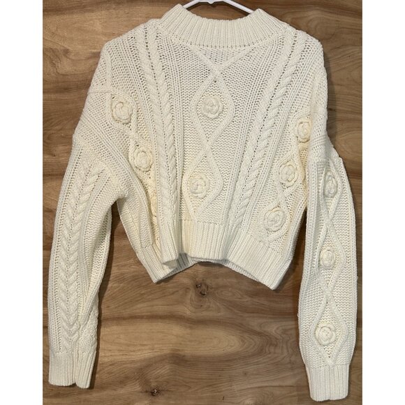 ivory cable knit sweater mock neck, long sleeve flower appliqués Small Forever21 - Picture 1 of 6